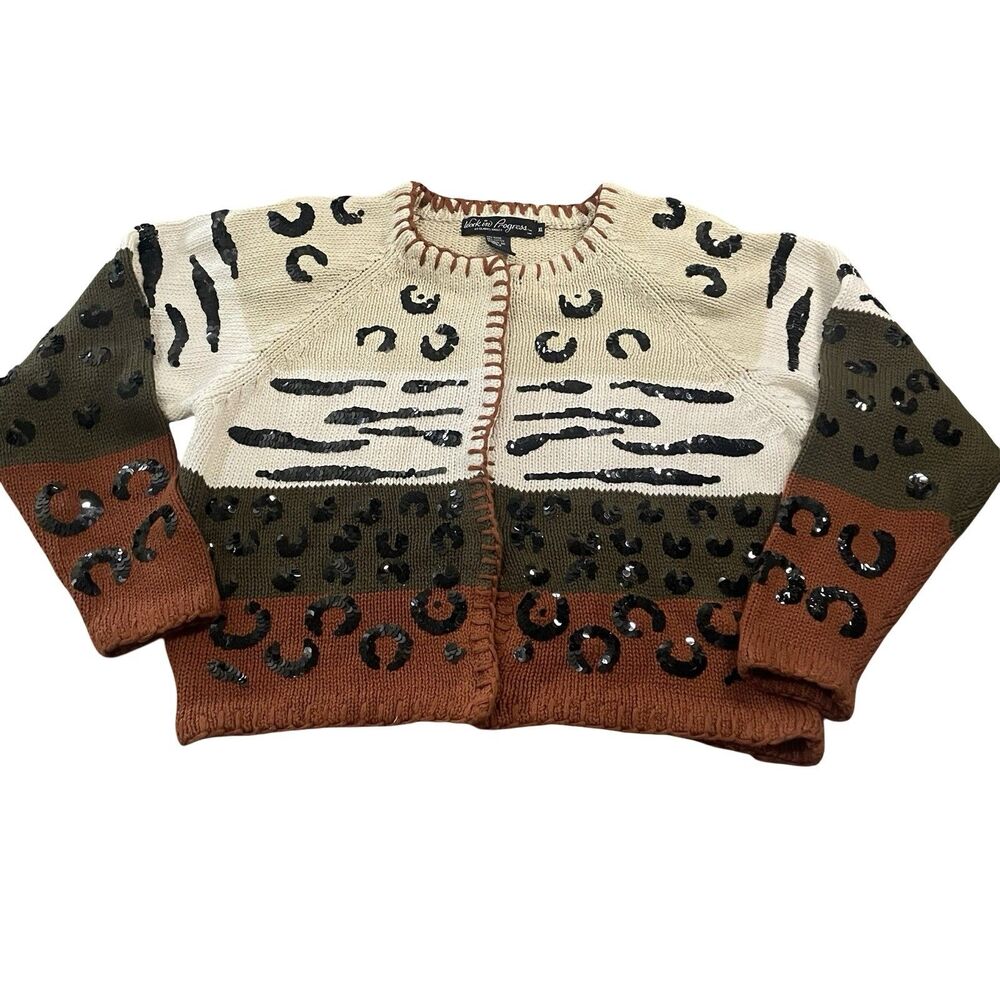 Work in Progress Cardigan Sweater XL Animal Print Sequins Colorful Art-to-Wear
